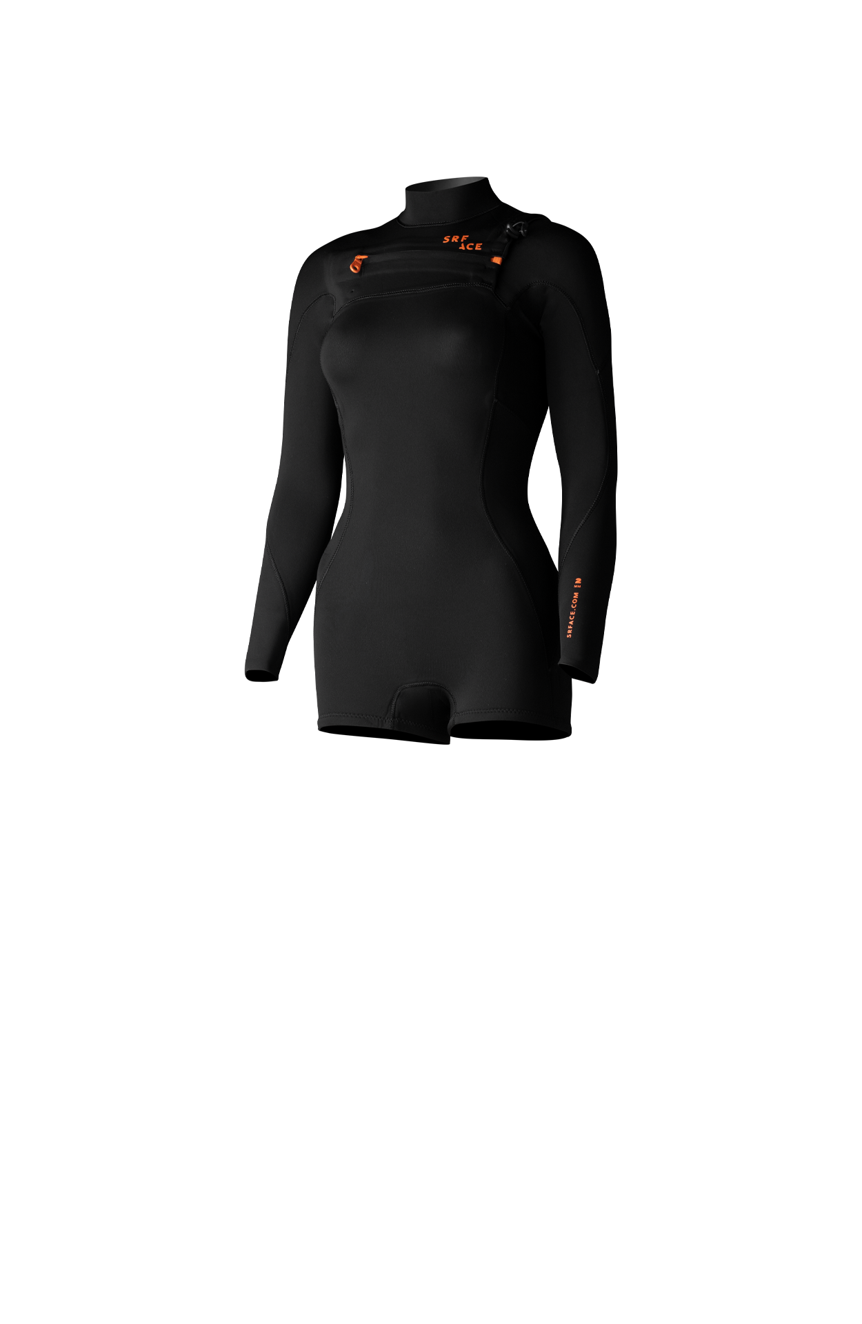 Front view of the SRFACE women’s Flex 2/2 long sleeve shorty wetsuit from the outside.